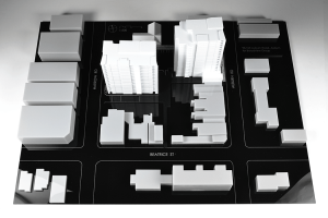 1:500 multi-residential model for Marchese Partners. Using laser cut materials and 3D printing, we constructed contexual massing to scale. The balck base was fiber laser engraved to create a streetmap and project information.