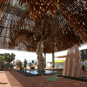 Stainless steel memorial plaque commemorating the opening of the Tree of Knowledge at Barcaldine. Designed by Brian Hopper Architect and m3architecture.