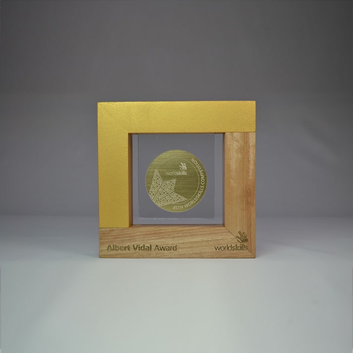 Wordskills Albert Vidal Award in Australian Blackbutt timber with laser engraved Acrylic and gold-backed Gravoply - Image 3