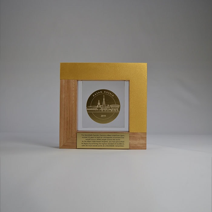 Wordskills Albert Vidal Award in Australian Blackbutt timber with laser engraved Acrylic and gold-backed Gravoply - Image 2