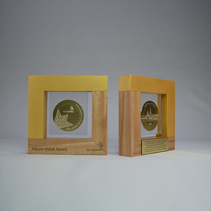 Wordskills Albert Vidal Award in Australian Blackbutt timber with laser engraved Acrylic and gold-backed Gravoply - Image 4